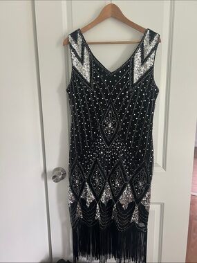 Black Sequin Fringe V-Neck Midi Dress